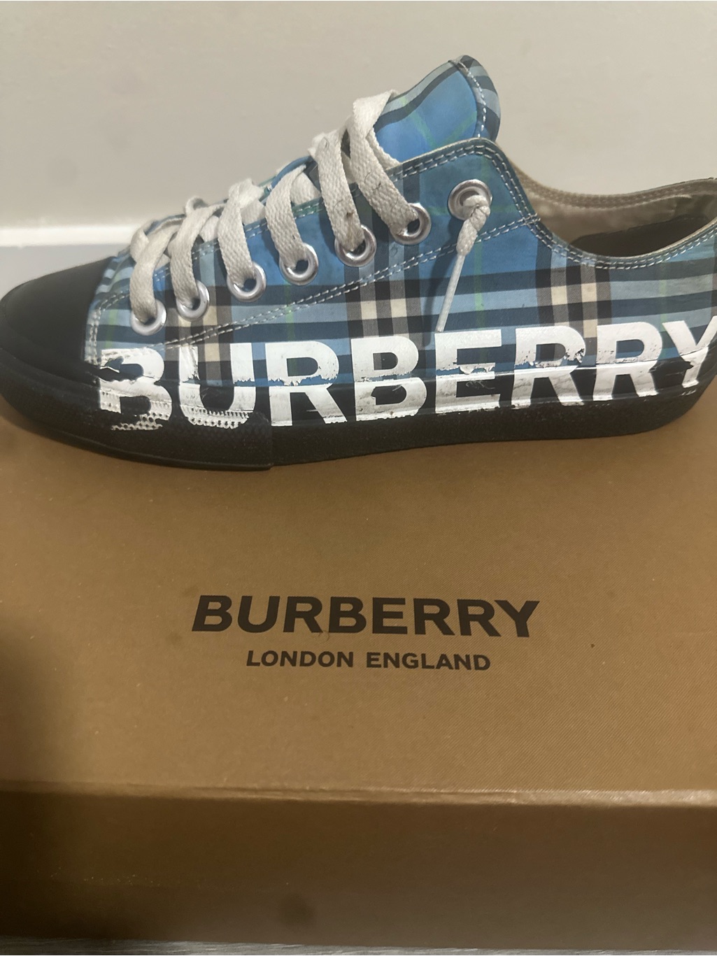 Burberry Blue Plaid Logo Low-Top Sneaker
